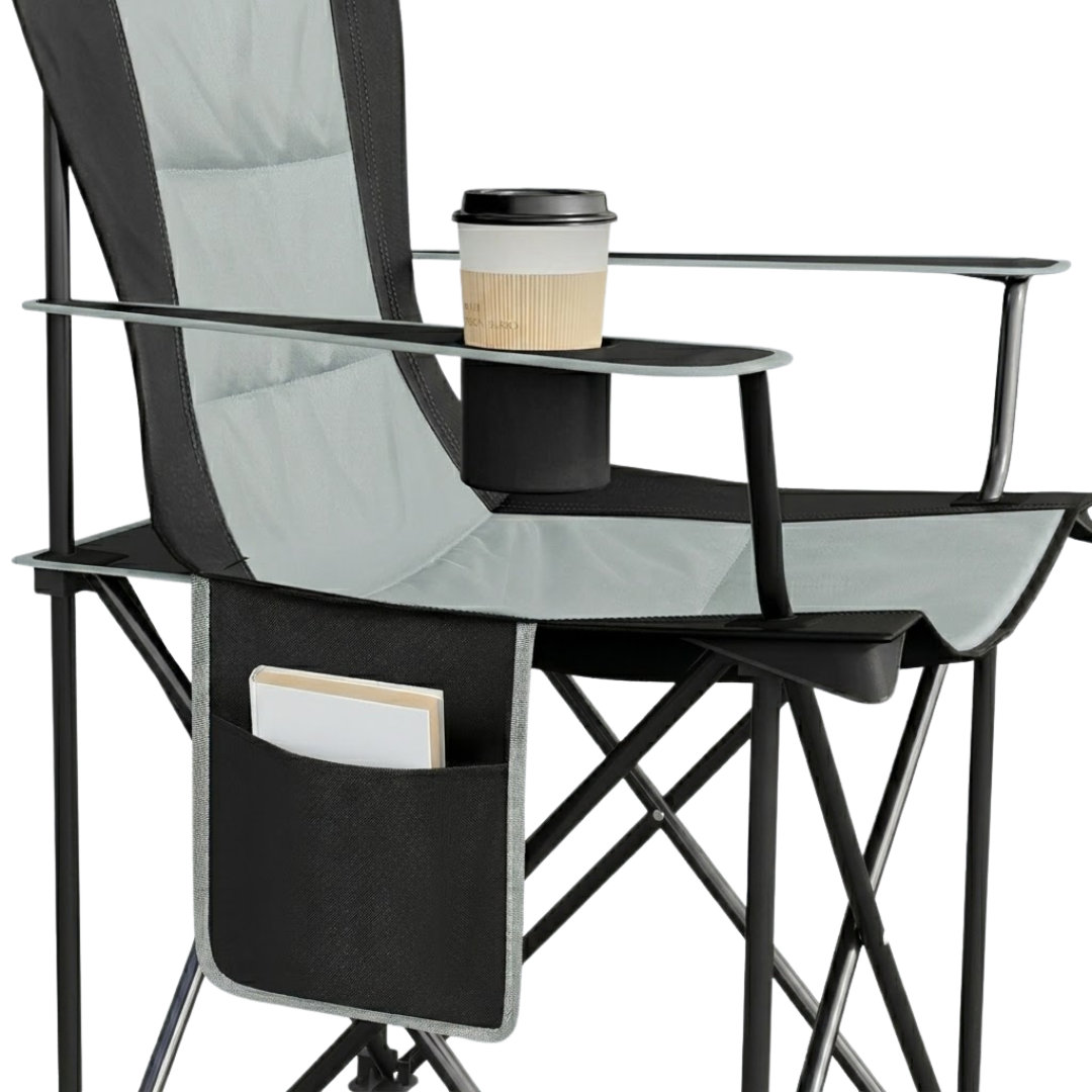 Sammenklappelig campingstol 150 kg – polstret høj ryg – kopholder