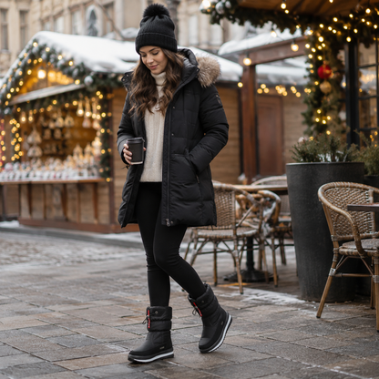 Vinterstøvler dame med for i sort båret på julemarkedet