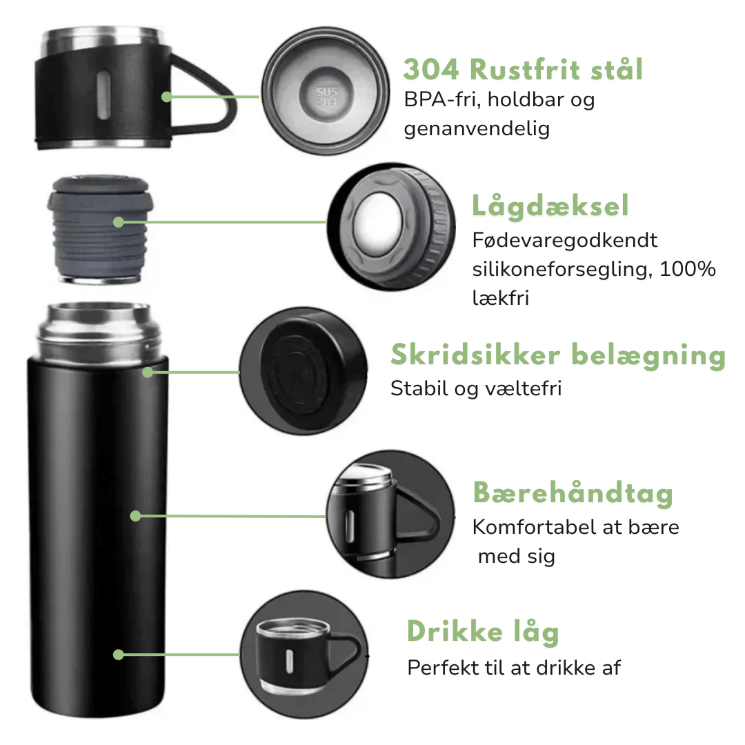 Rustfri stål termoflaske 500 ml – Vakuum isoleret – Med 2 ekstra kopper