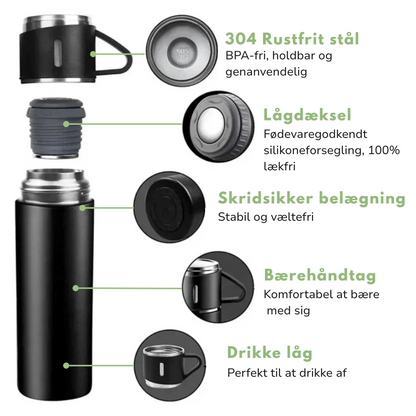 Rustfri stål termoflaske 500 ml – Vakuum isoleret – Med 2 ekstra kopper