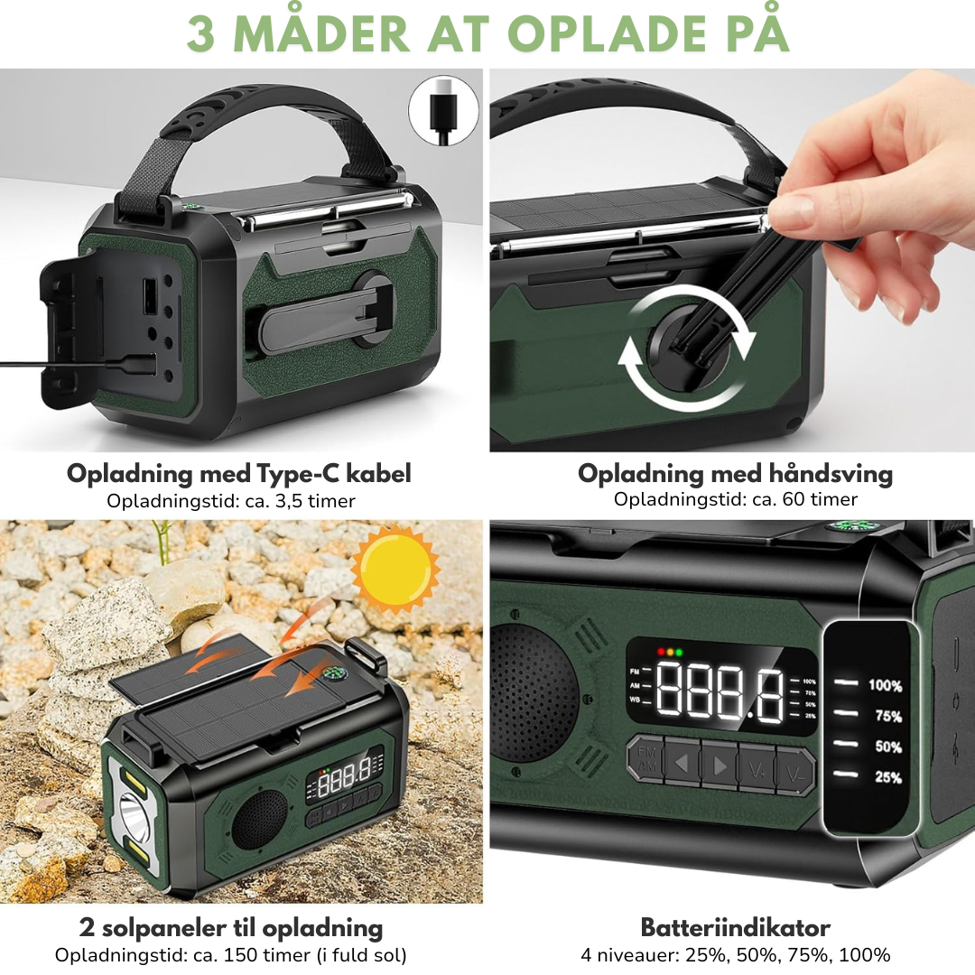 Nødradio med 12000 mAh – Solpanel & Håndsving