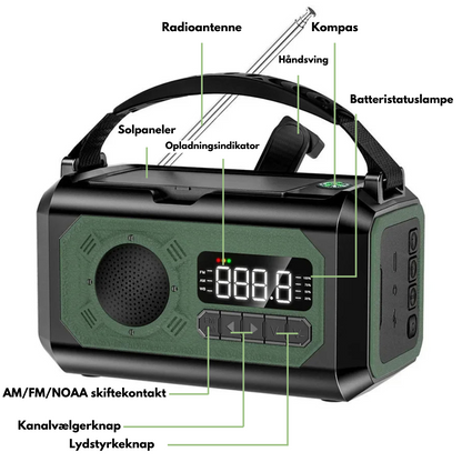 Nødradio med 12000 mAh – Solpanel & Håndsving