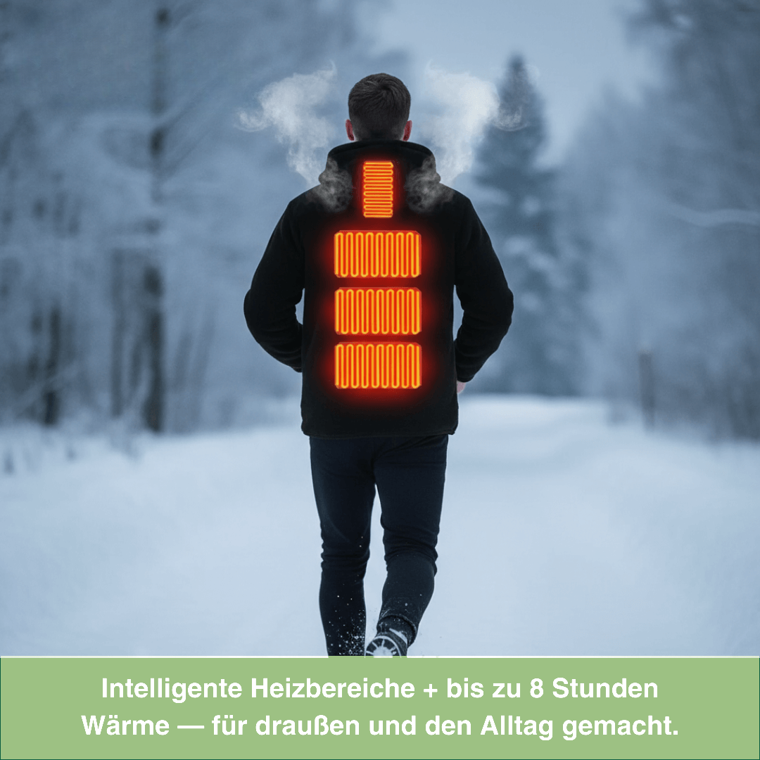 Heated hoodie hætte og lynlås i detalje