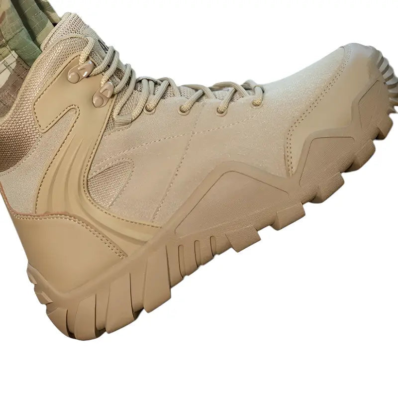 Militærstøvler i khaki set bagfra