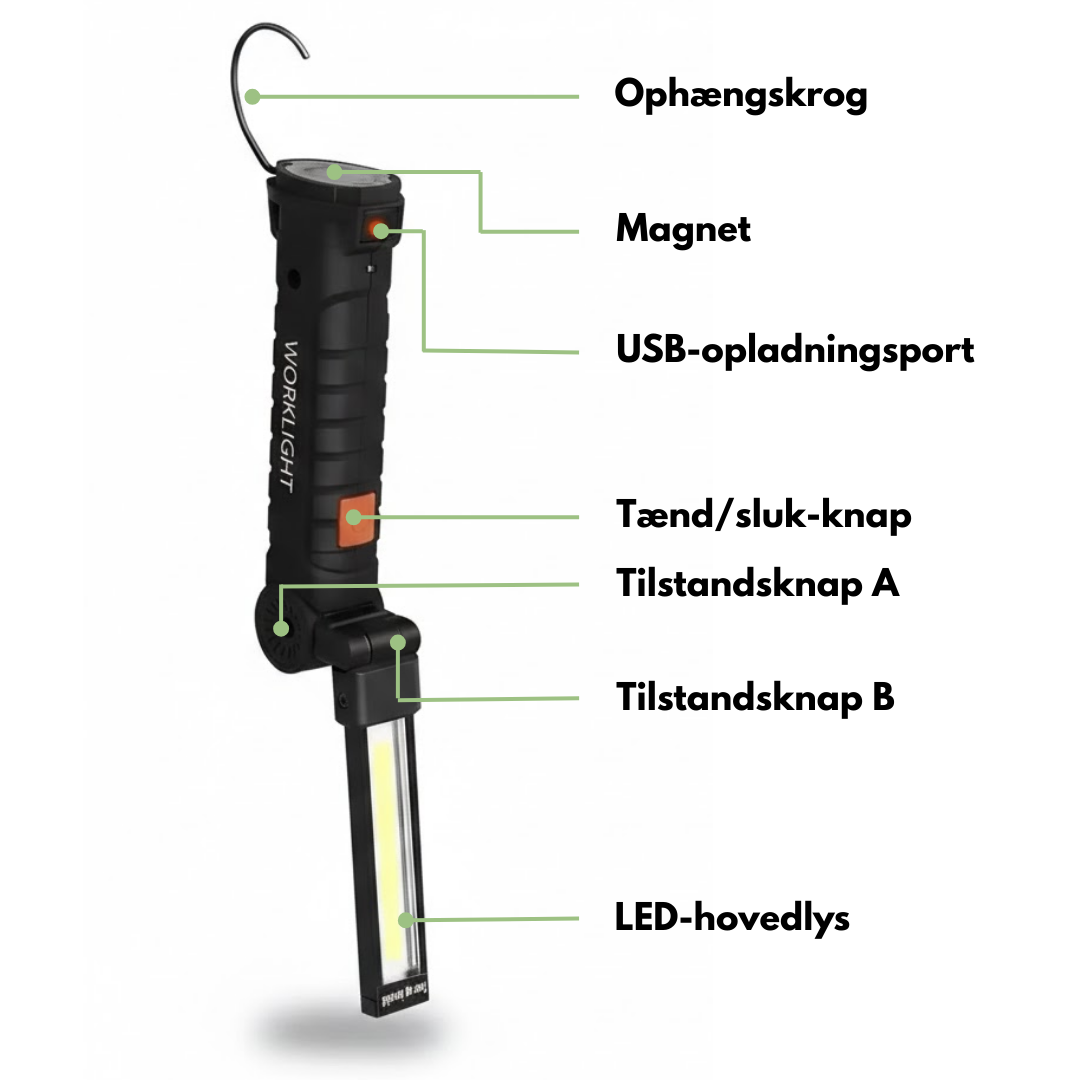 Genopladelig arbejdslampe – USB-C – magnetisk håndfri brug