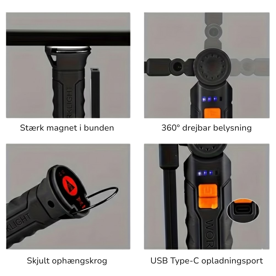 Genopladelig arbejdslampe – USB-C – magnetisk håndfri brug