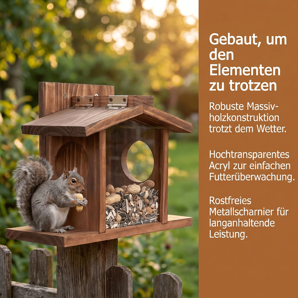 Egern Foderhus i Egetræ - Nøddeautomat med Majs- & Æbleholder