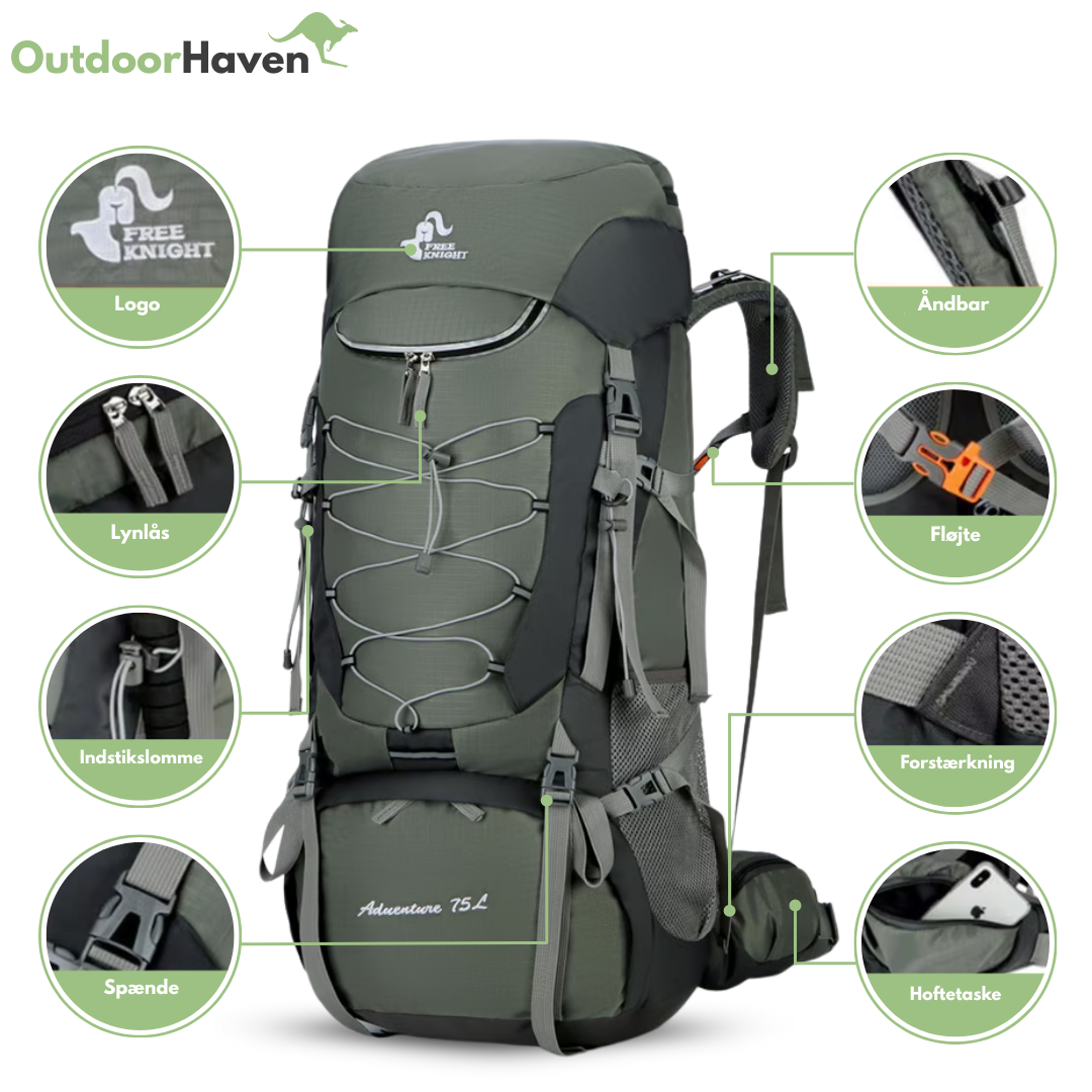 OutdoorHaven Trekkingrygsæk 75L - Vandtæt & Multifunktionel