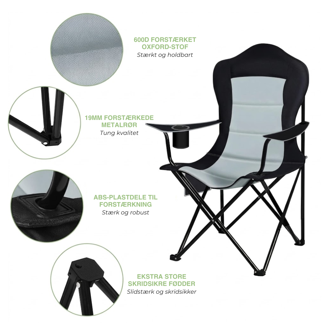 Sammenklappelig campingstol 150 kg – polstret høj ryg – kopholder