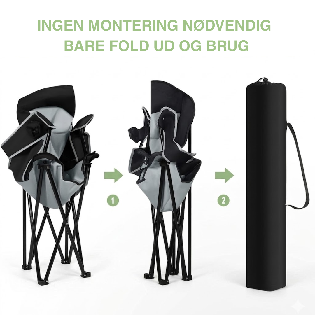Sammenklappelig campingstol 150 kg – polstret høj ryg – kopholder