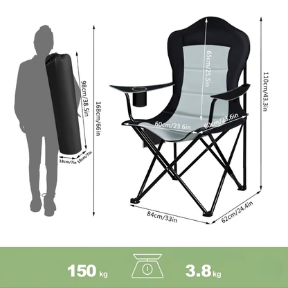 Sammenklappelig campingstol 150 kg – polstret høj ryg – kopholder
