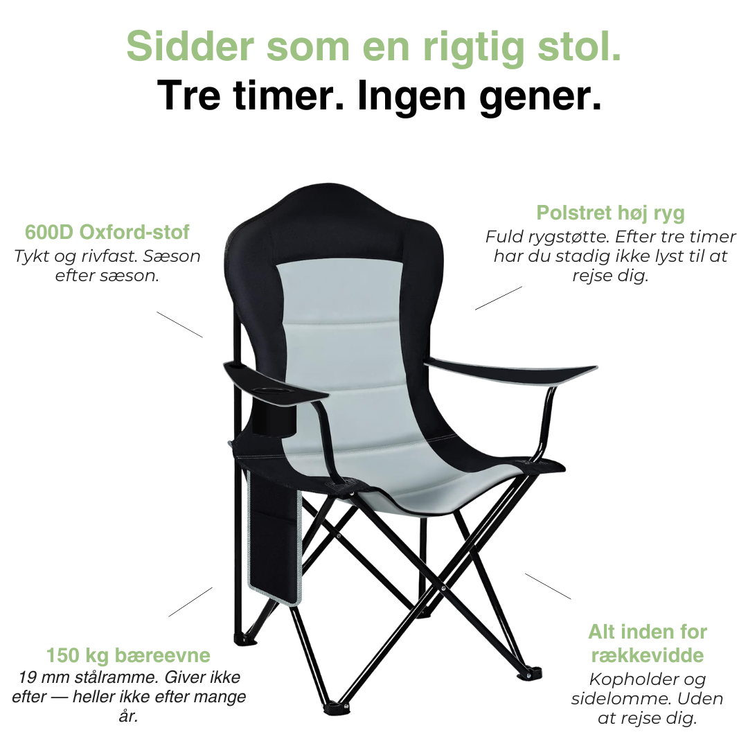 Sammenklappelig campingstol 150 kg – polstret høj ryg – kopholder