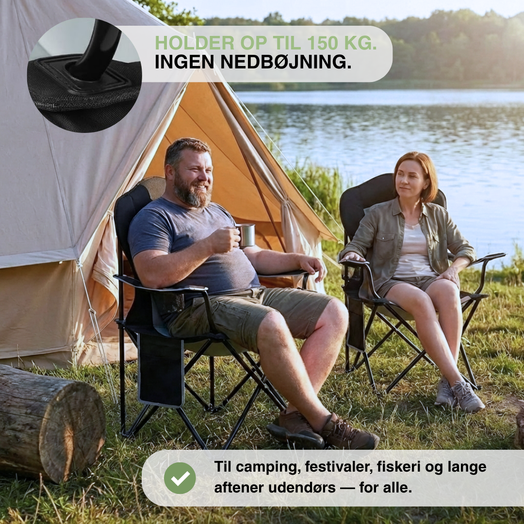 Sammenklappelig campingstol 150 kg – polstret høj ryg – kopholder