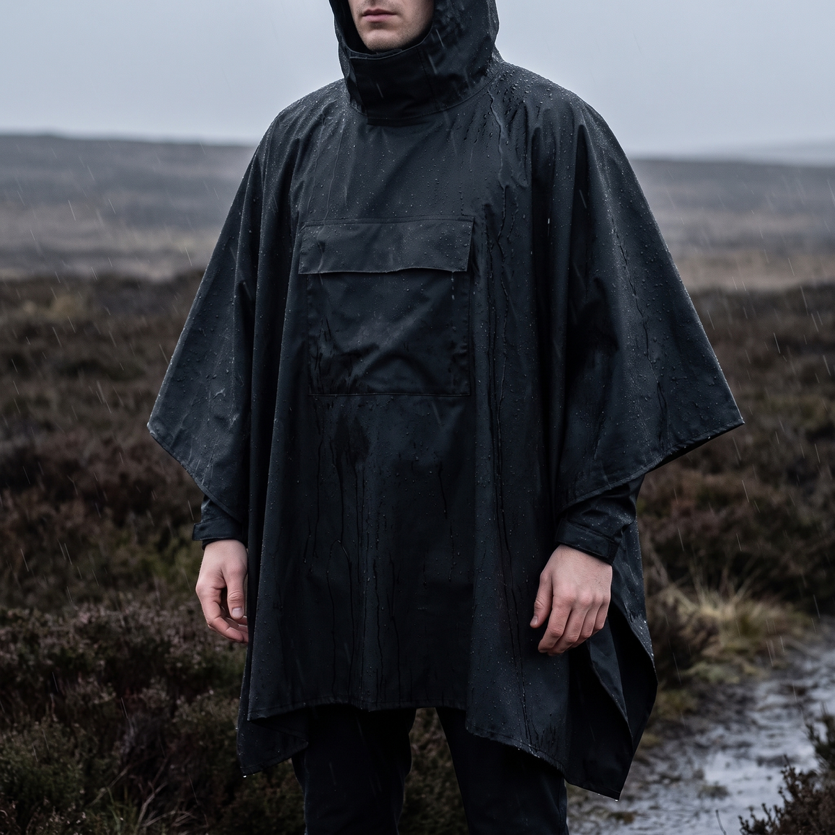 Regnponcho med hætte set forfra