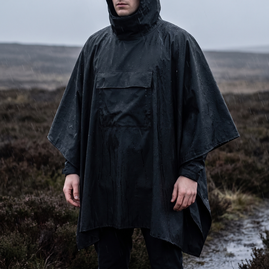 Regnponcho med hætte set forfra
