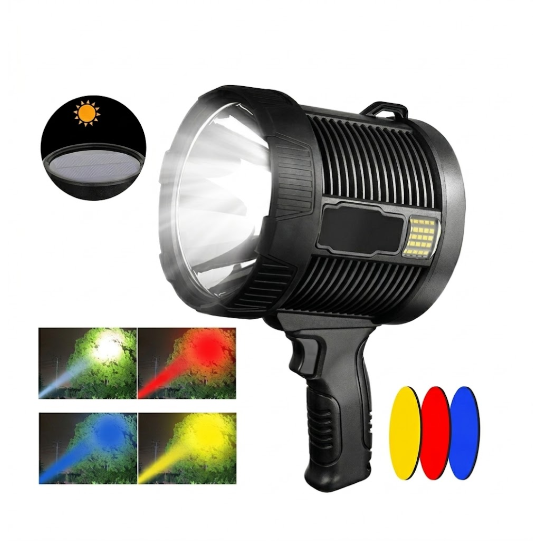 LED Søgelygte 900000 Lumen – Solcelle USB 10000mAh Powerbank – Genopladelig