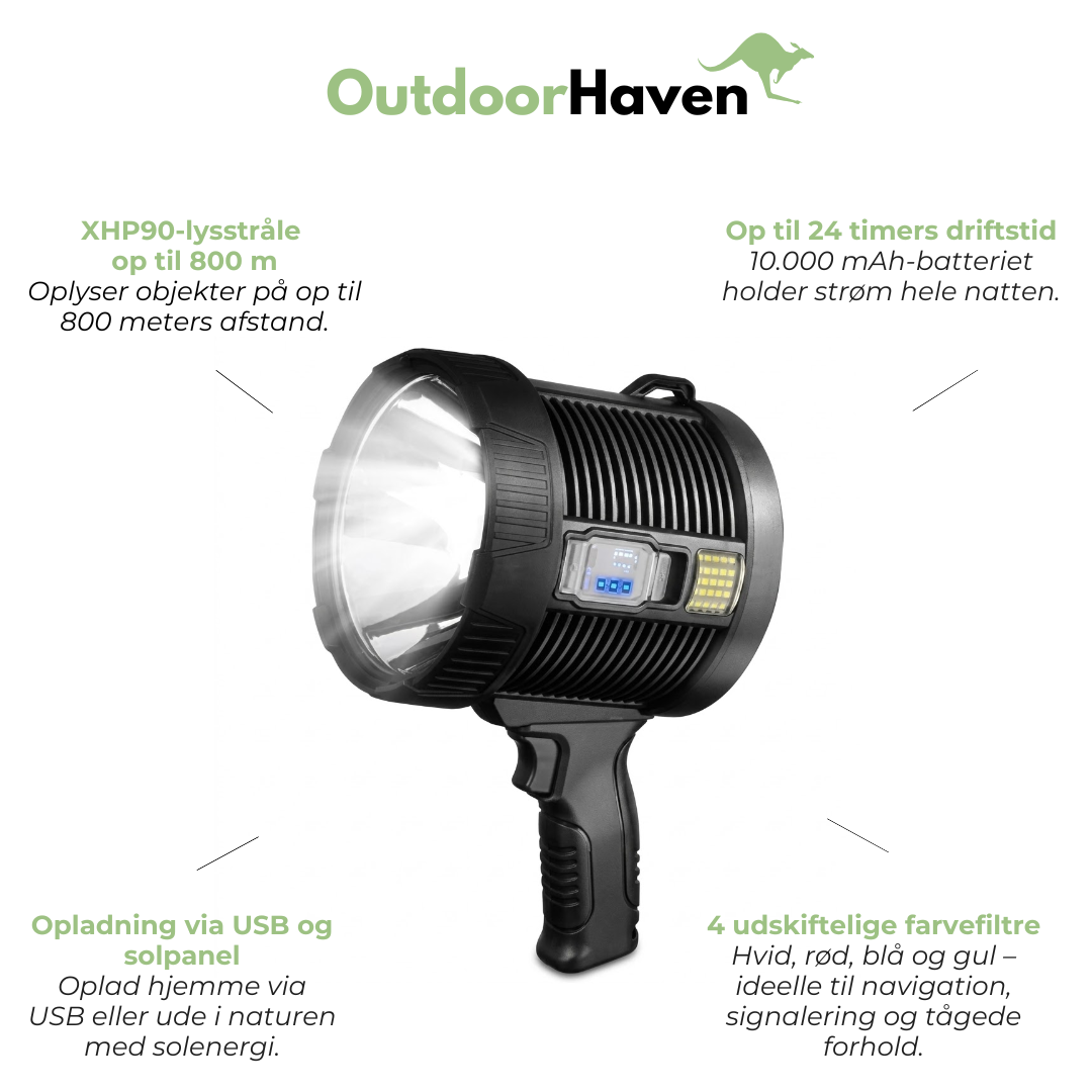LED Søgelygte 900000 Lumen – Solcelle USB 10000mAh Powerbank – Genopladelig