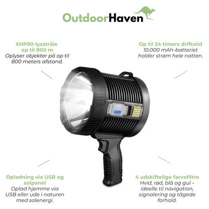 LED Søgelygte 900000 Lumen – Solcelle USB 10000mAh Powerbank – Genopladelig