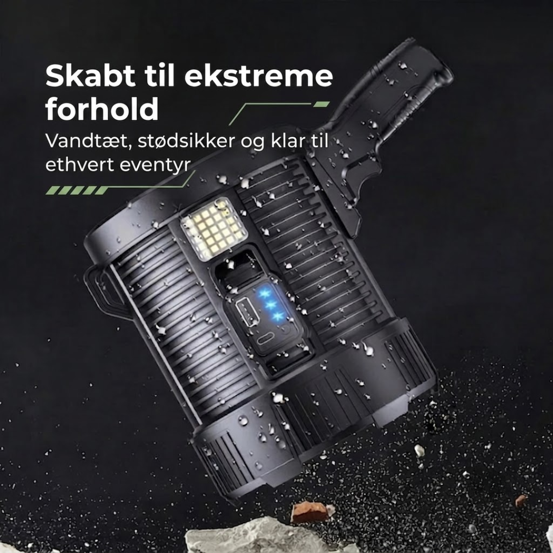 LED Søgelygte 900000 Lumen – Solcelle USB 10000mAh Powerbank – Genopladelig