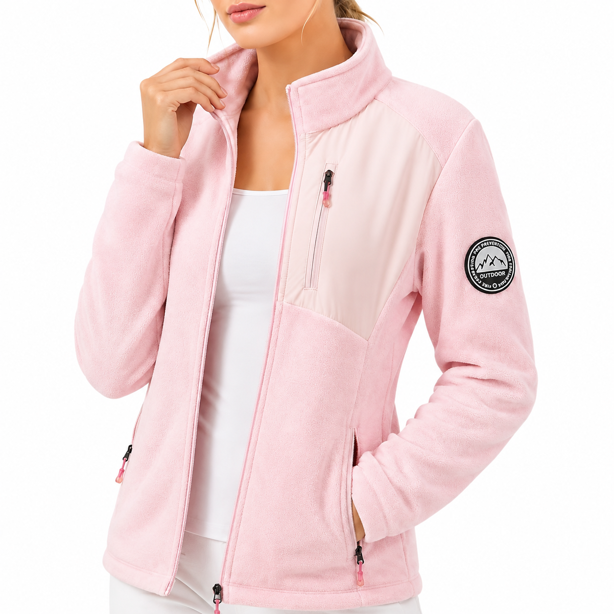 Fleece jakke dame med brystlomme og lynlås