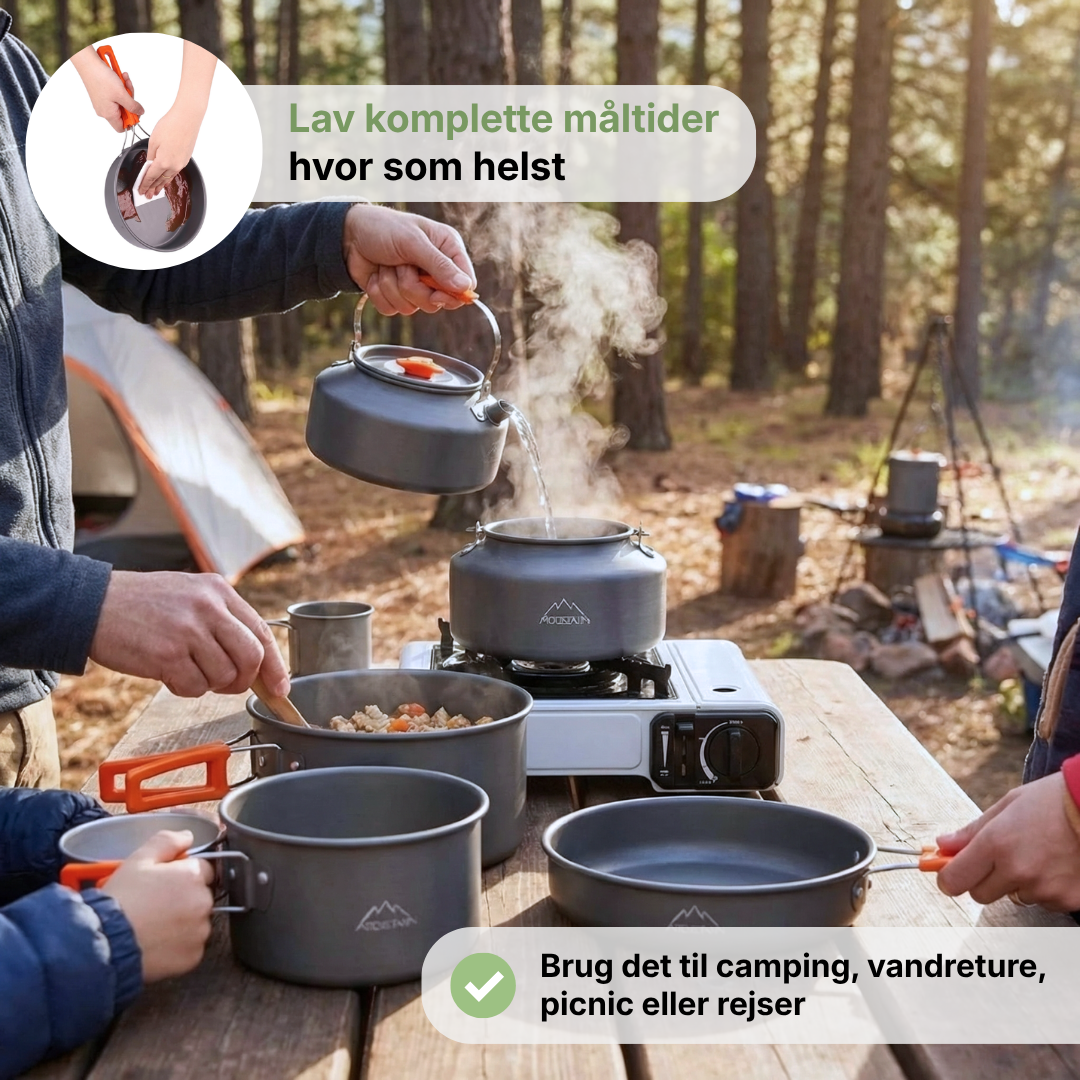 Camping Kogesæt – Komplet 9-delt Sæt – Gryde, Kedel & Stegepande