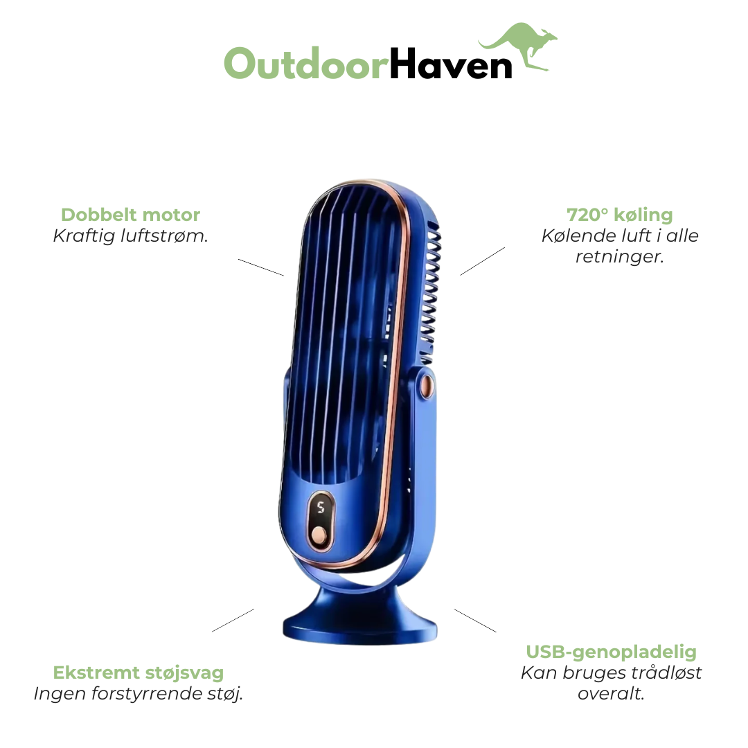 Bærbar Ventilator & Luftkøler – USB-Genopladelig, 5 Hastigheder & 720° Køling