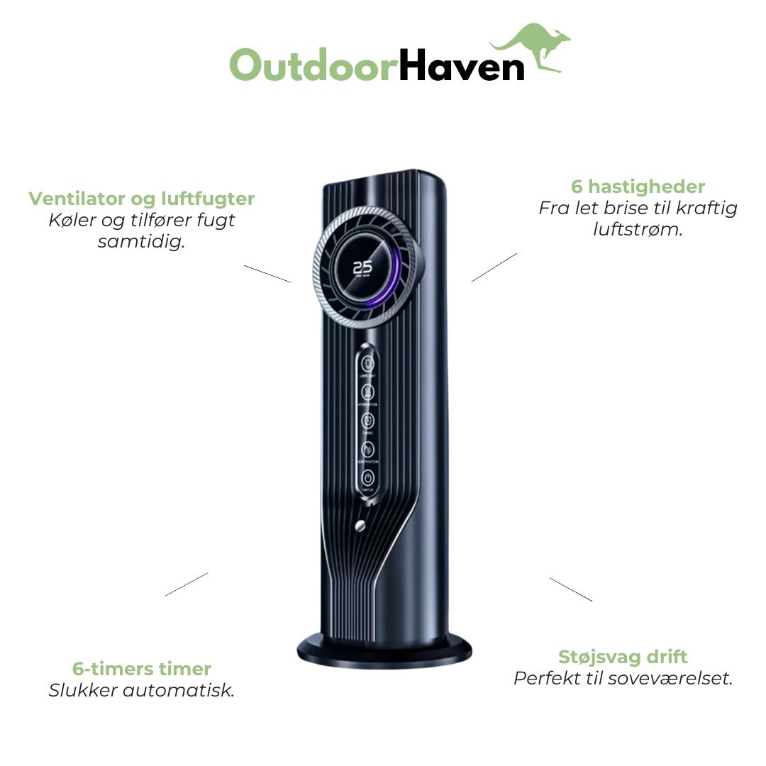 Tårnventilator & Luftfugter – USB, 6 Hastigheder & 6-Timers Timer