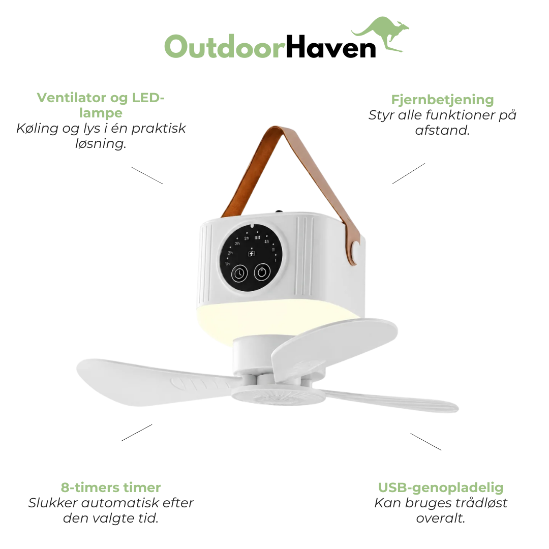 Campingventilator med LED-Lampe – USB-Genopladelig, Fjernbetjening & 8-Timers Timer