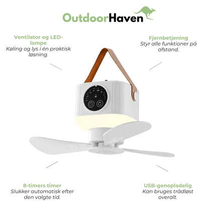 Campingventilator med LED-Lampe – USB-Genopladelig, Fjernbetjening & 8-Timers Timer