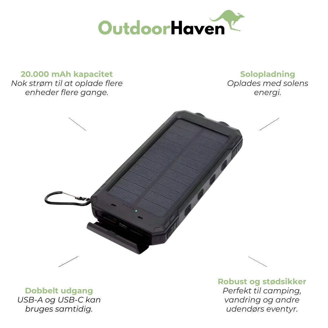 Solar-Powerbank 20000 mAh - Dobbelt Udgang