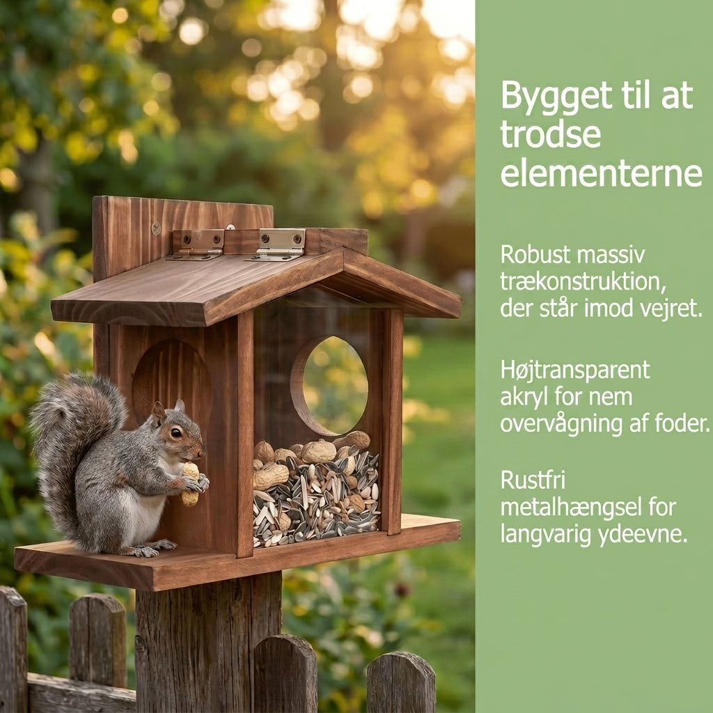 Egern Foderhus i Egetræ - Nøddeautomat med Majs- & Æbleholder