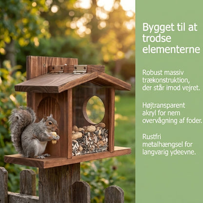 Egern Foderhus i Egetræ - Nøddeautomat med Majs- & Æbleholder