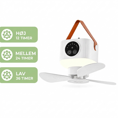 Campingventilator med LED-Lampe – USB-Genopladelig, Fjernbetjening & 8-Timers Timer