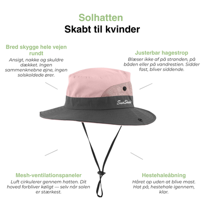 Dame solhat med bred skygge – UV-beskyttelse – åbning til hestehale