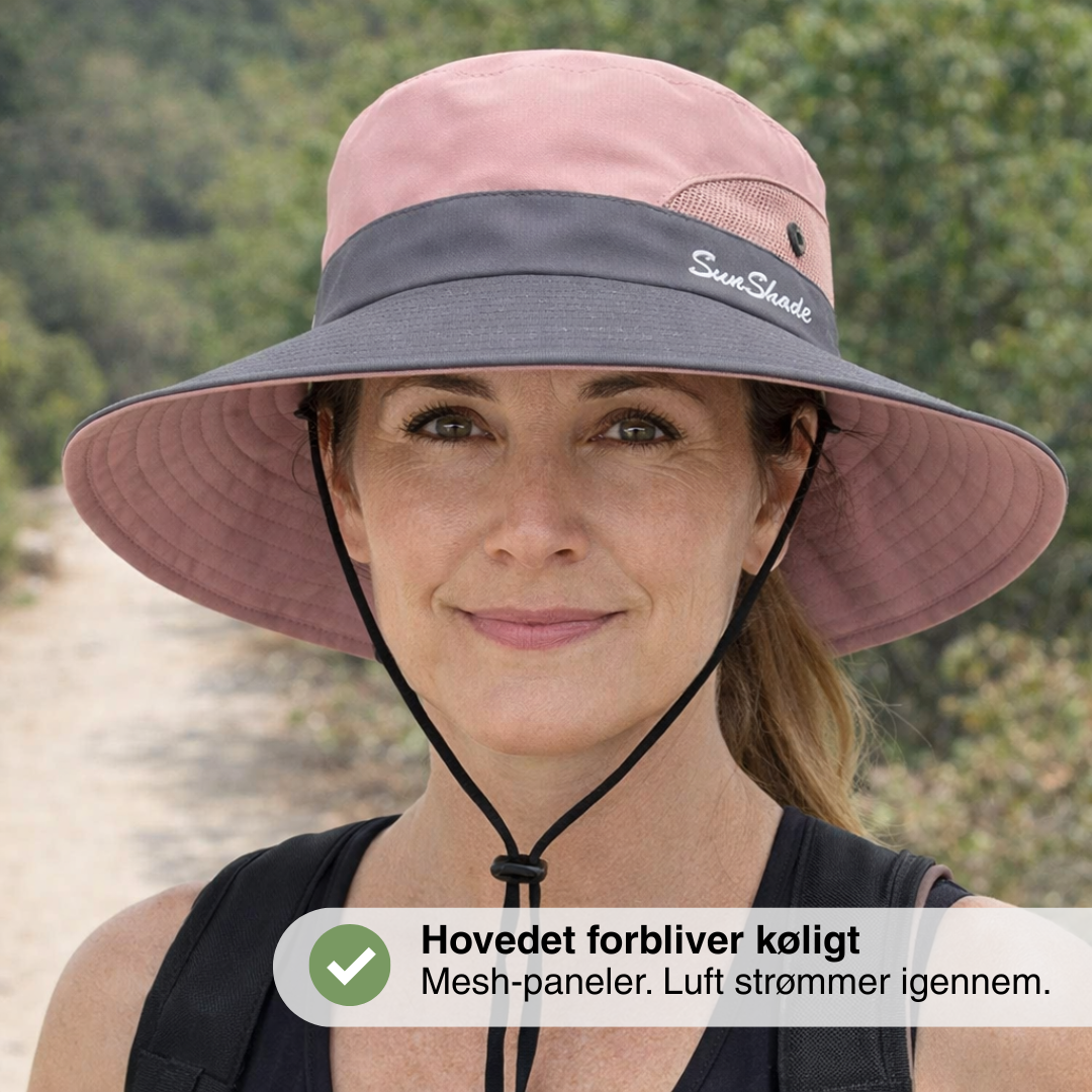 Dame solhat med bred skygge – UV-beskyttelse – åbning til hestehale