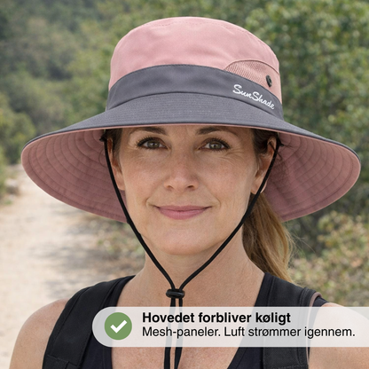 Dame solhat med bred skygge – UV-beskyttelse – åbning til hestehale
