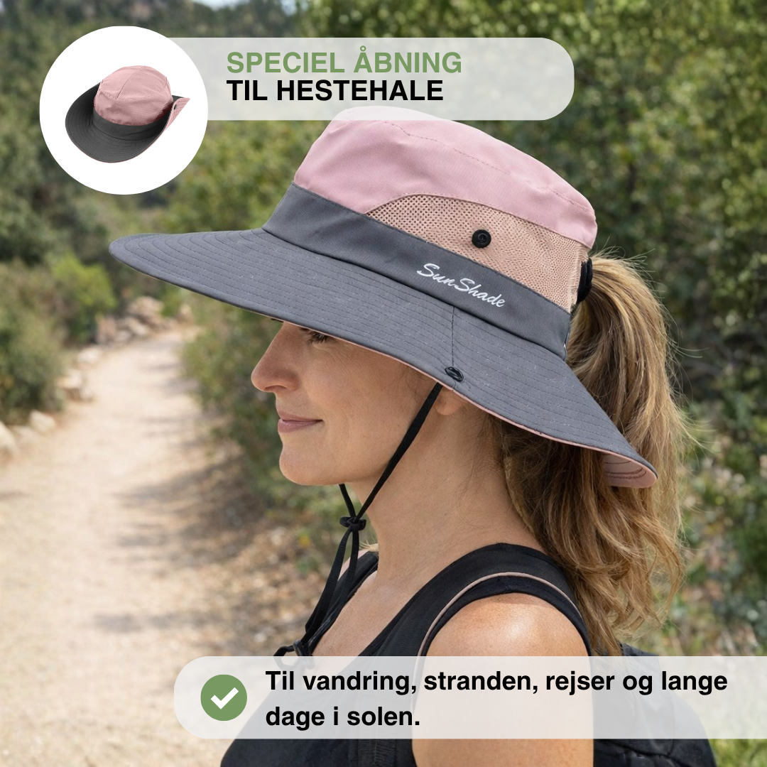 Dame solhat med bred skygge – UV-beskyttelse – åbning til hestehale