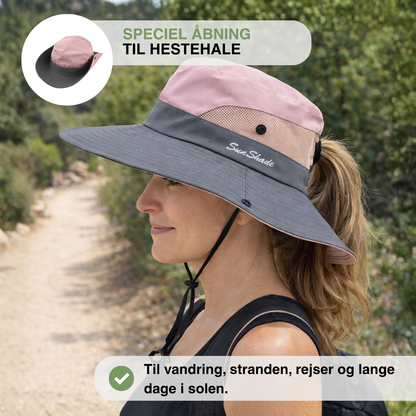 Dame solhat med bred skygge – UV-beskyttelse – åbning til hestehale