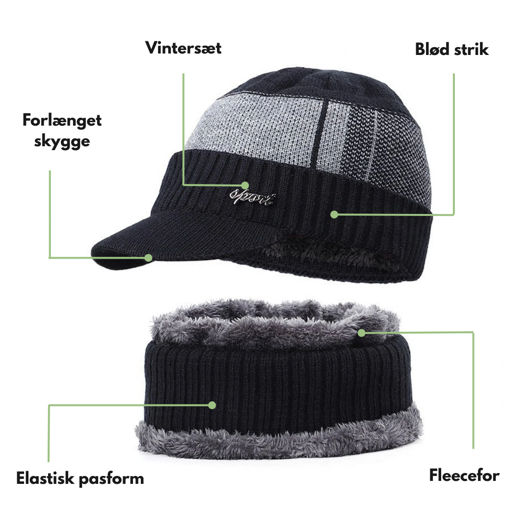 Herre Vinterlue & Halstørkle Sett – Strikket – Tykt Fleeceforet