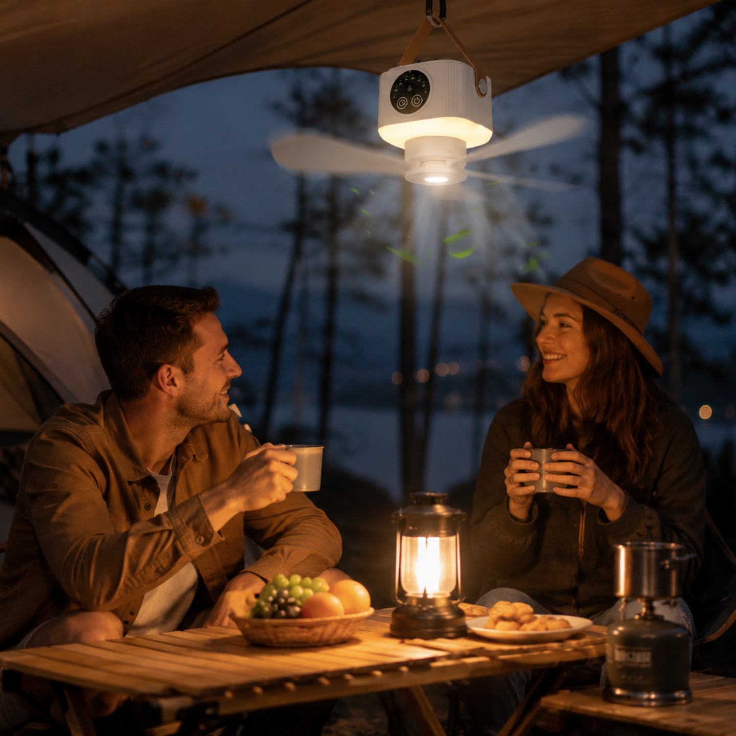 Campingventilator med LED-Lampe – USB-Genopladelig, Fjernbetjening & 8-Timers Timer