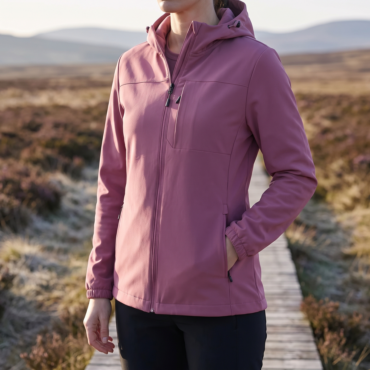 Softshell jakke dame i cremehvid – hætten i nærbillede