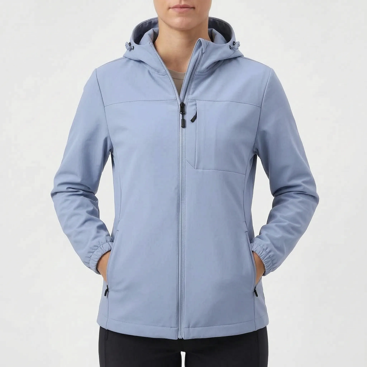 Softshell jakke dame i lyseblå – hætten i nærbillede