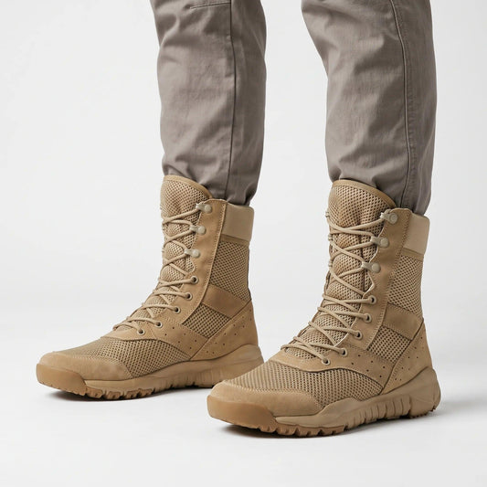 Kampstøvler i khaki mesh set forfra