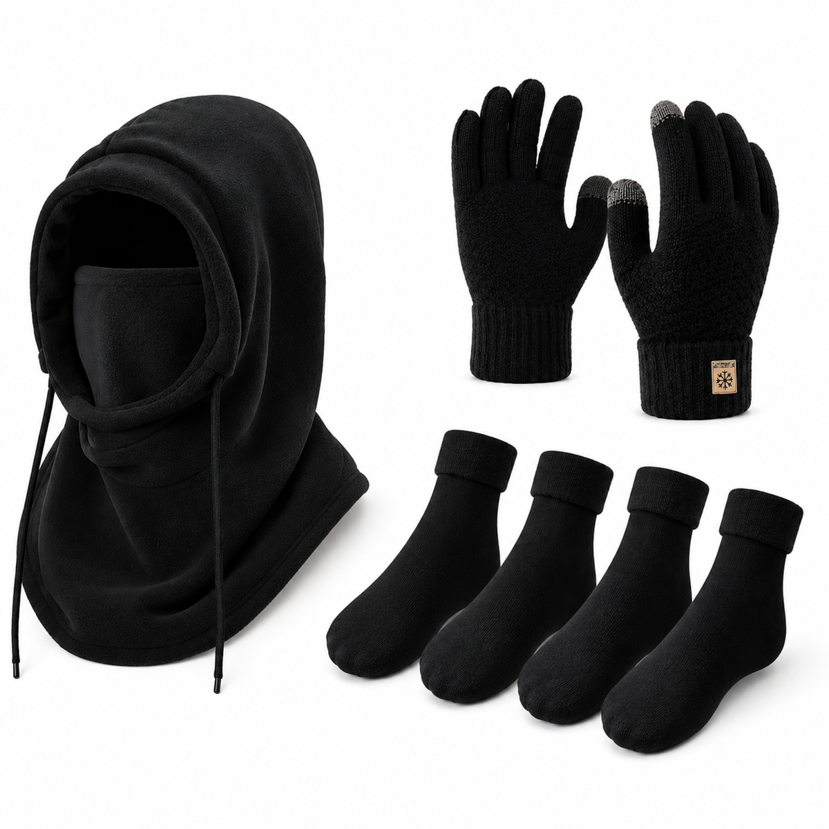 Balaclava, handsker og sokker sæt i sort