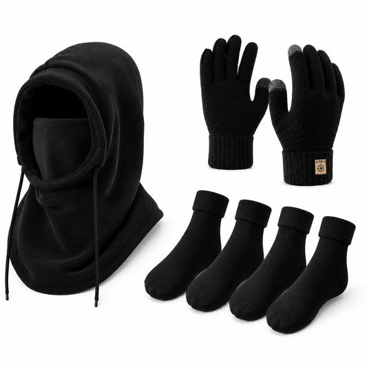 Balaclava, handsker og sokker sæt i sort