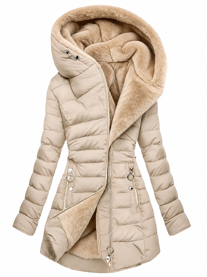 Vinterjakke dame i beige set bagfra