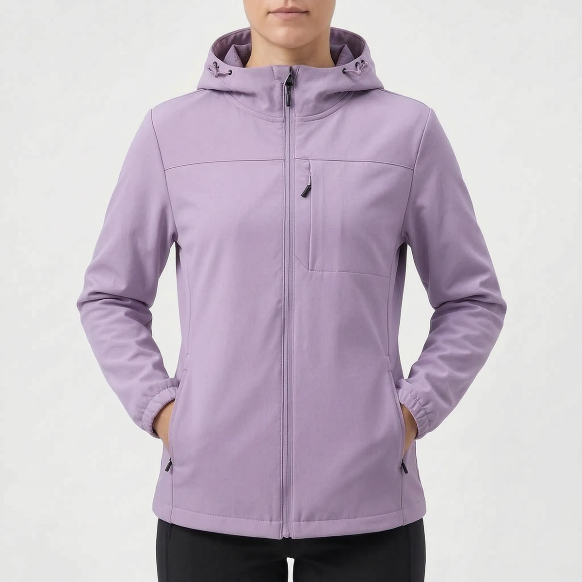 Softshell jakke dame i lyserød – hætten i nærbillede