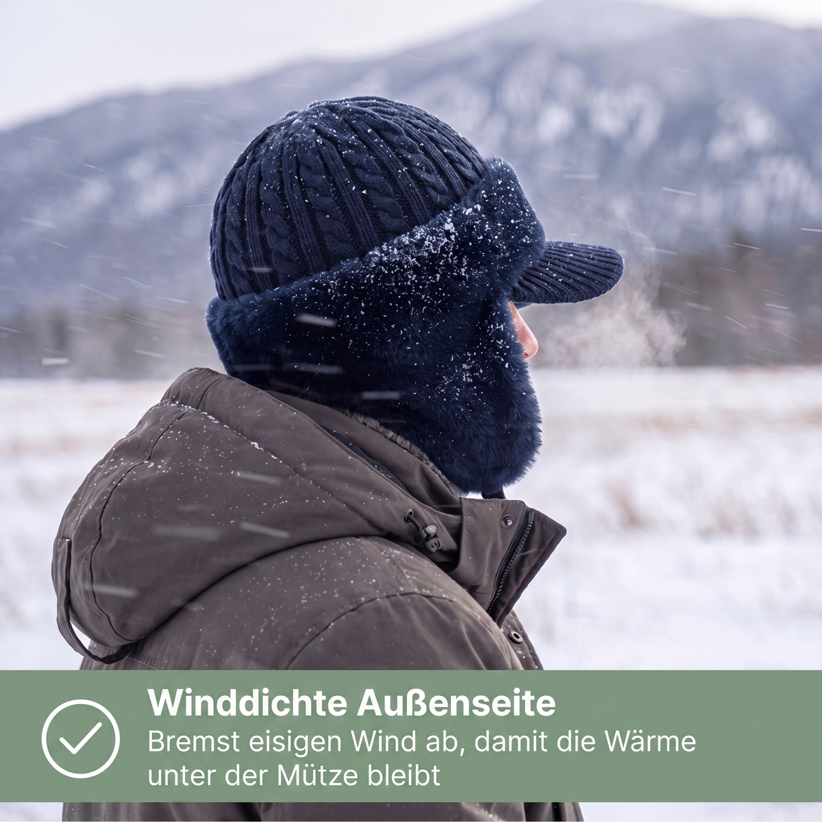 Vinterhue – detalje af kunstpelsstriben