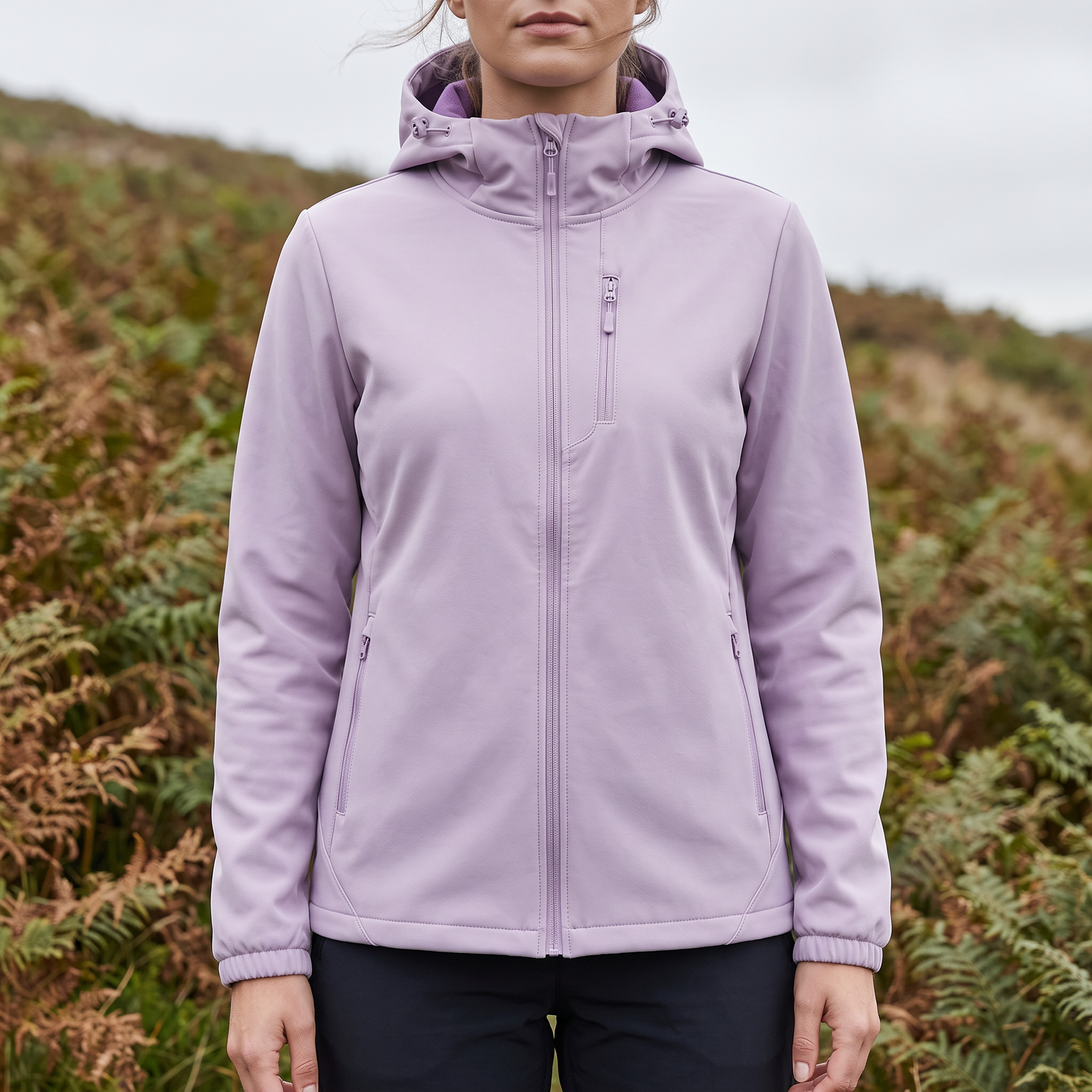 Overgangsjakke dame i softshell med fast hætte, hovedbillede