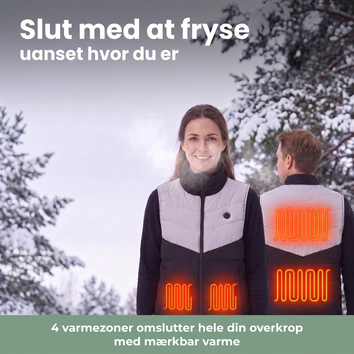Varmevest i sneen – 4 varmezoner varmer hele overkroppen